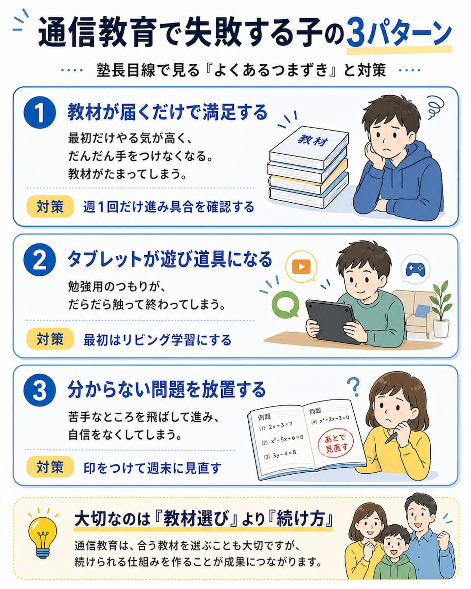 通信教育で失敗する子の3パターンをまとめた図。教材が届くだけで満足する、タブレットが遊び道具になる、分からない問題を放置する、の3つのつまずきと対策を解説。