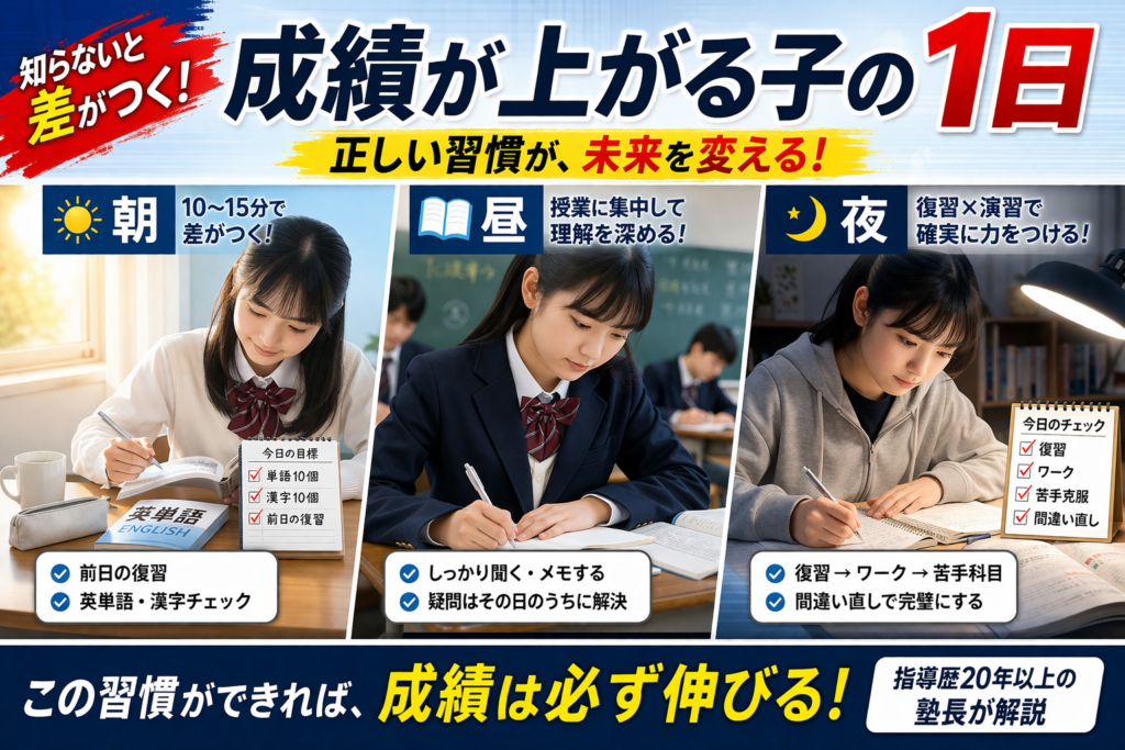 朝・昼・夜の学習習慣を実践する女子生徒の様子を通して、成績が上がる子の1日の過ごし方を解説したブログ記事のアイキャッチ画像