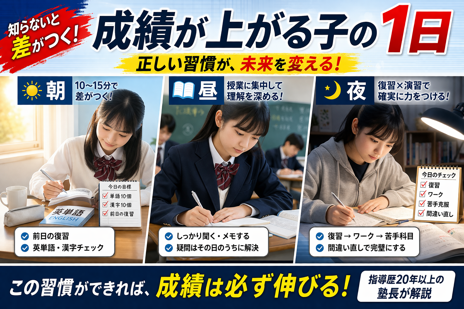 朝・昼・夜の学習習慣を実践する女子生徒の様子を通して、成績が上がる子の1日の過ごし方を解説したブログ記事のアイキャッチ画像