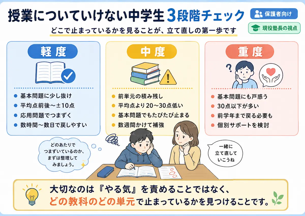 授業についていけない中学生の軽度・中度・重度を3段階で確認する図解