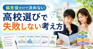 中学生と保護者が学校案内を見ながら、公立高校・私立高校・普通科・専門学科・高専などの進路を比較しているアイキャッチ画像