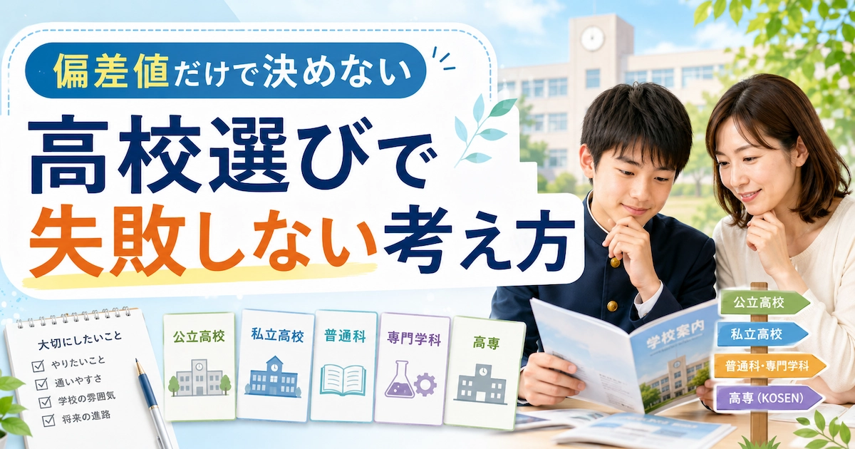 中学生と保護者が学校案内を見ながら、公立高校・私立高校・普通科・専門学科・高専などの進路を比較しているアイキャッチ画像