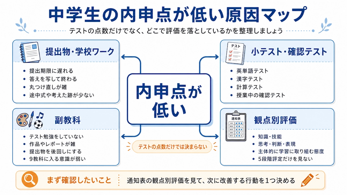 中学生の内申点が低い原因を、提出物・小テスト・副教科・観点別評価に分けて整理した図