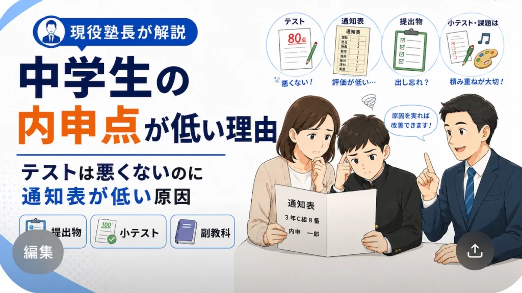 中学生の内申点が低い理由を、テスト・通知表・提出物・授業中の取り組みから整理する親子と岩澤コーチのイメージ