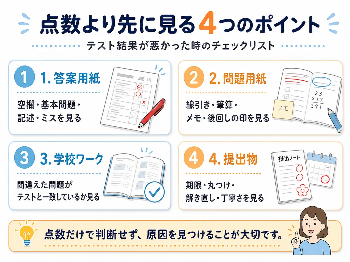中学生のテスト結果が悪かった時に、点数より先に見る答案用紙・問題用紙・学校ワーク・提出物の4つのチェックポイントをまとめた図解
