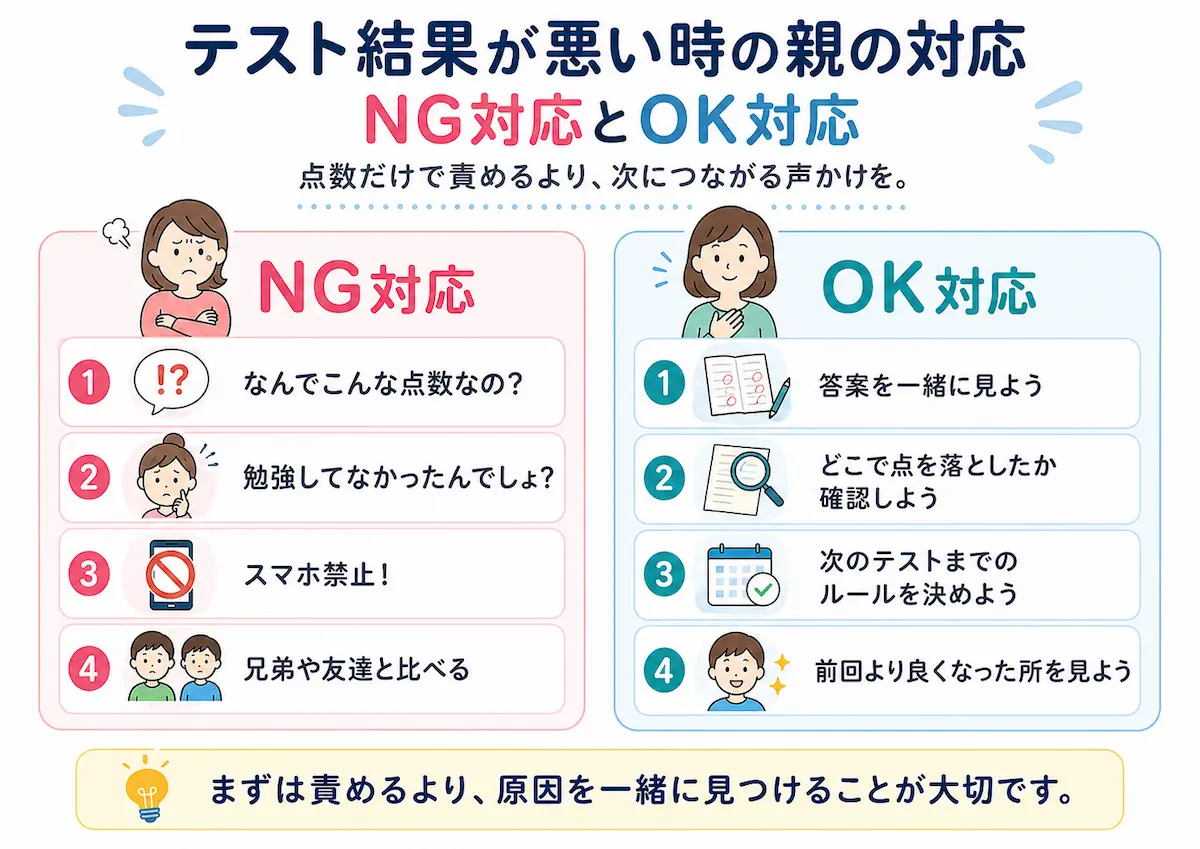 中学生のテスト結果が悪い時に親がやってはいけないNG対応と、次につながるOK対応を比較した図解