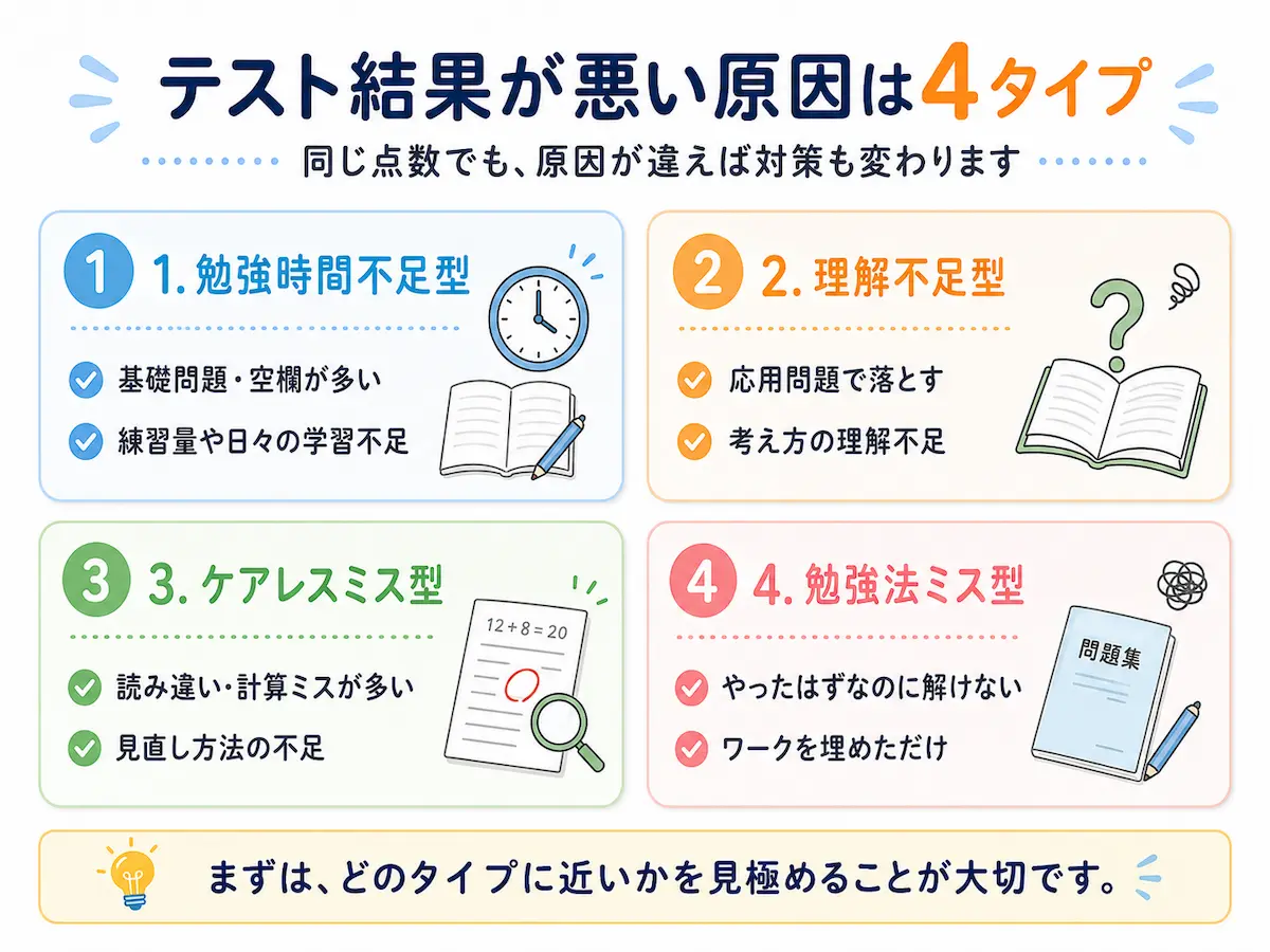 中学生のテスト結果が悪い原因を、勉強時間不足型・理解不足型・ケアレスミス型・勉強法ミス型の4タイプに分けて解説した図解