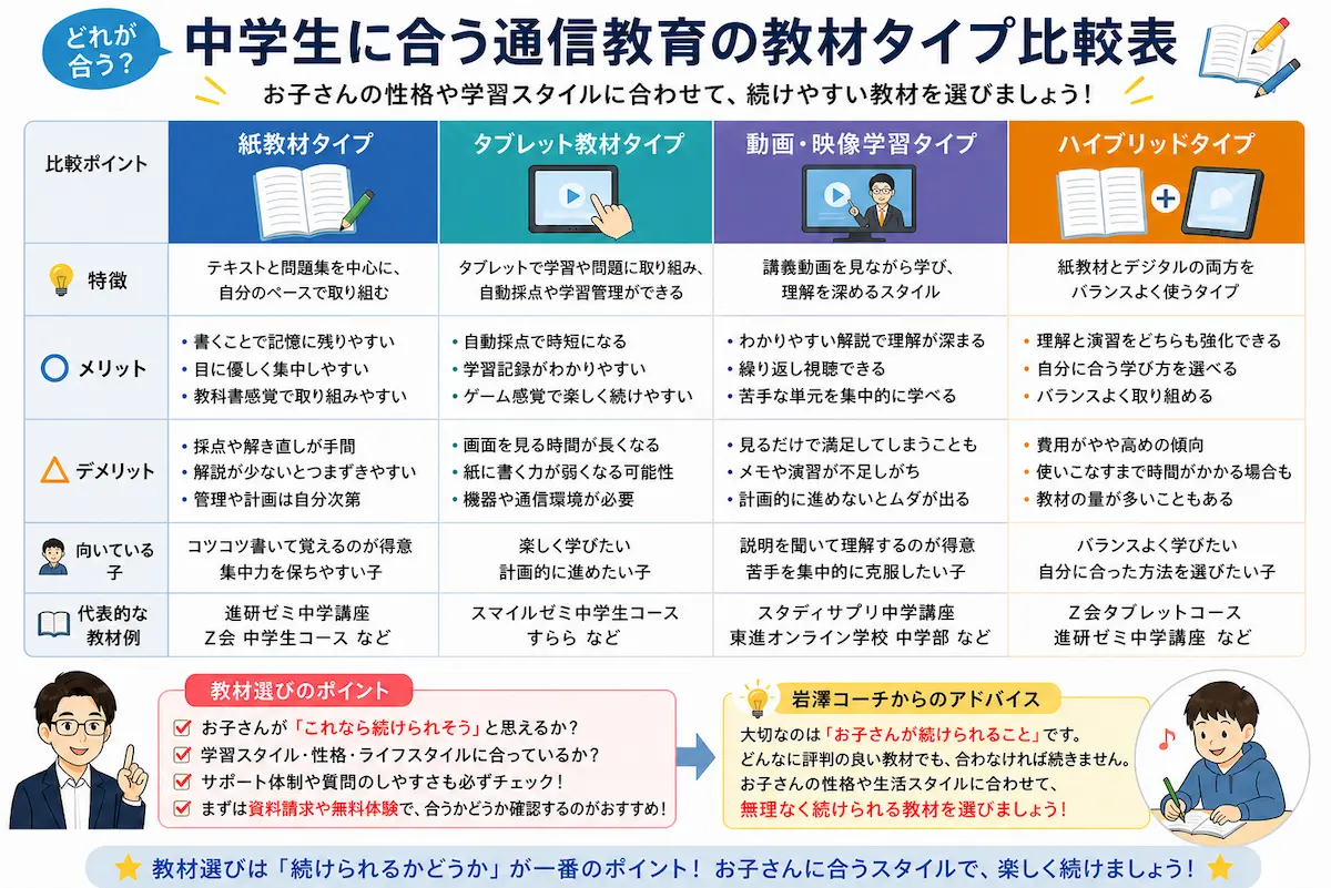 中学生に合う通信教育の教材タイプを、紙教材・タブレット教材・動画学習教材・ハイブリッド教材に分けて比較した図解