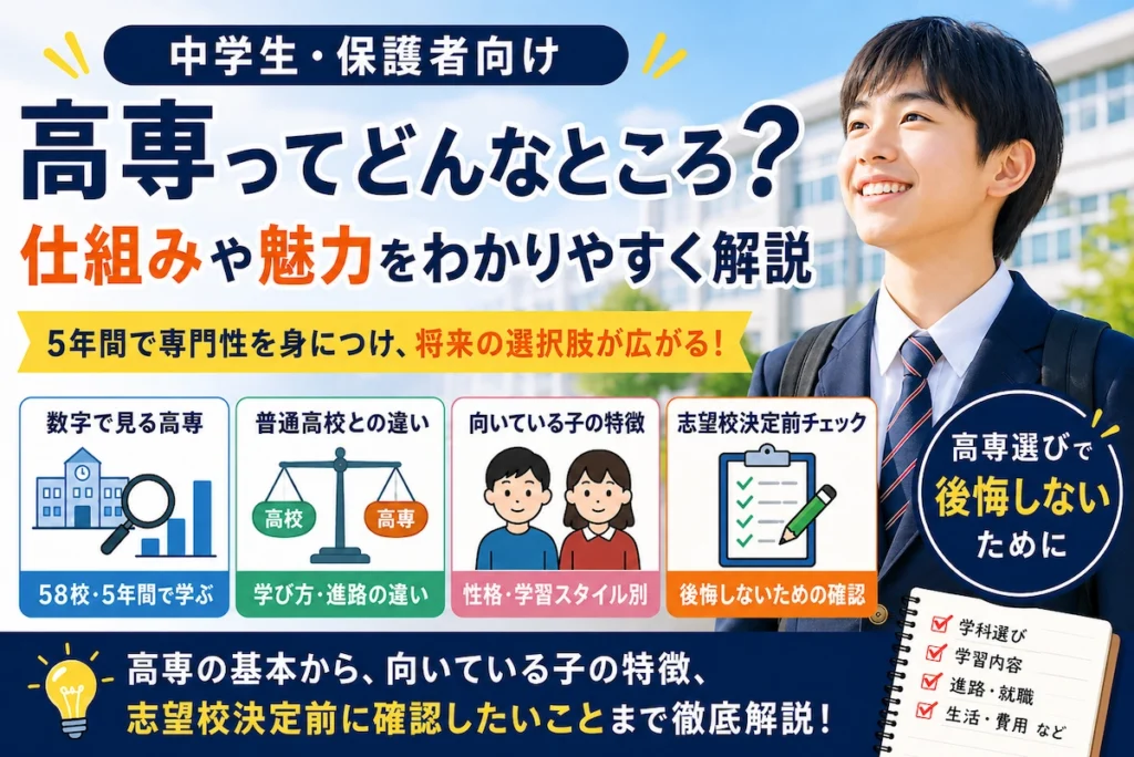 高専の仕組みや魅力、普通高校との違い、向いている子の特徴、志望校決定前に確認したいことをまとめたアイキャッチ画像