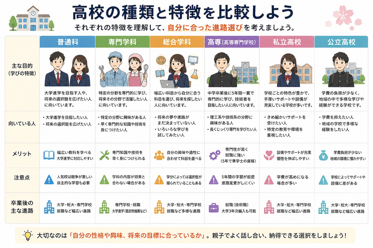普通科、専門学科、総合学科、高専、私立高校、公立高校の特徴・向いている人・メリット・注意点・卒業後の進路を比較した図解