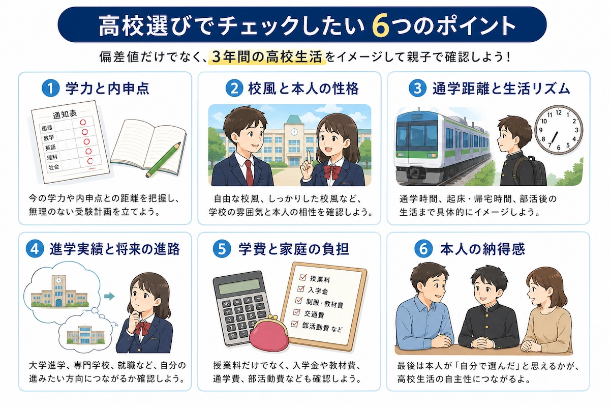 中学生の高校選びで確認したい学力と内申点、校風、通学距離、進路、学費、本人の納得感の6つのポイントをまとめた図解