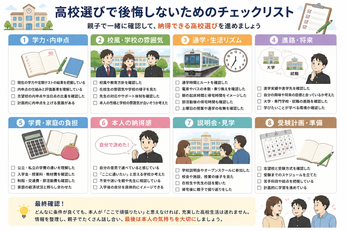 中学生の高校選びで後悔しないために、学力・内申点、校風、通学、進路、学費、本人の納得感、説明会、受験計画を確認するチェックリスト図解
