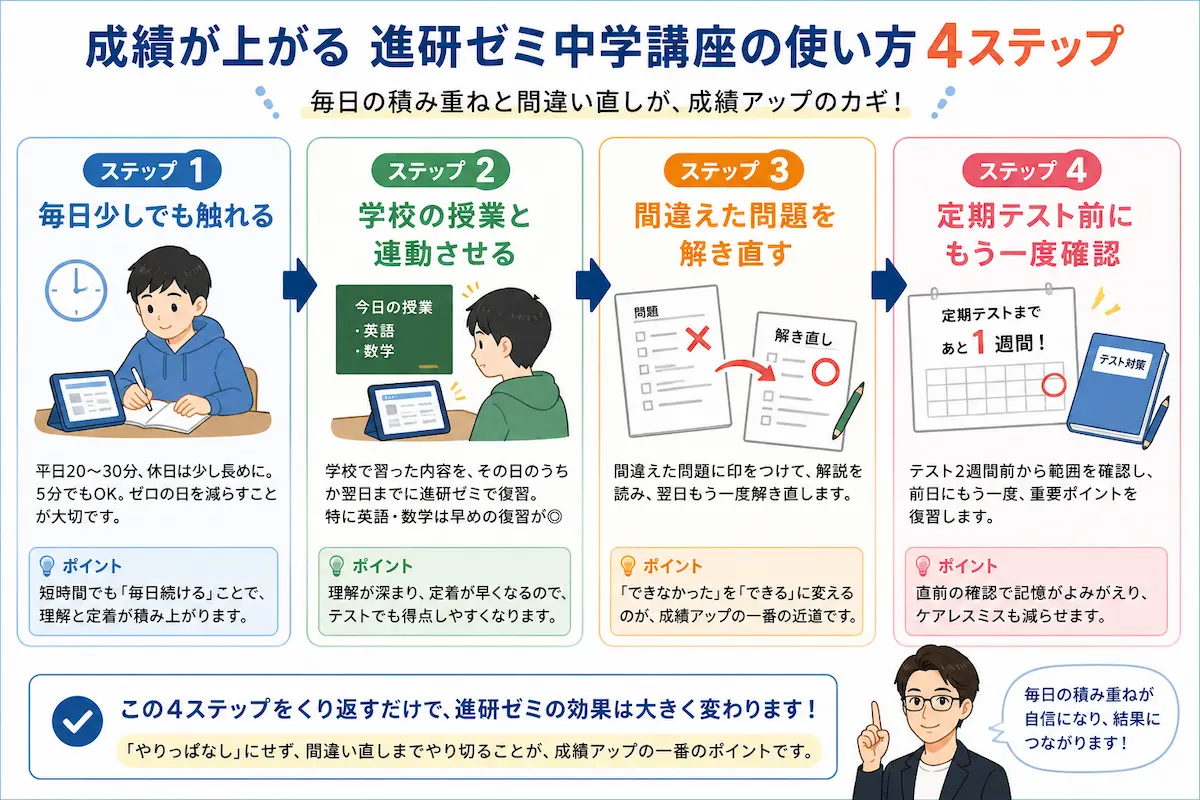 成績が上がる進研ゼミ中学講座の使い方4ステップを、毎日少しでも触れる、学校の授業と連動させる、間違えた問題を解き直す、定期テスト前にもう一度確認する流れでまとめた図解