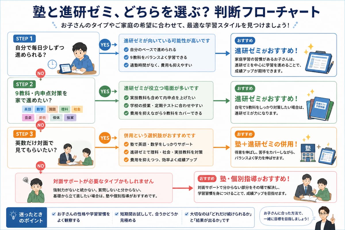 塾と進研ゼミのどちらを選ぶべきかを、自分で毎日進められるか、9教科や内申点対策を家で進めたいか、英数だけ対面で見てもらいたいかなどの判断基準で整理したフローチャート