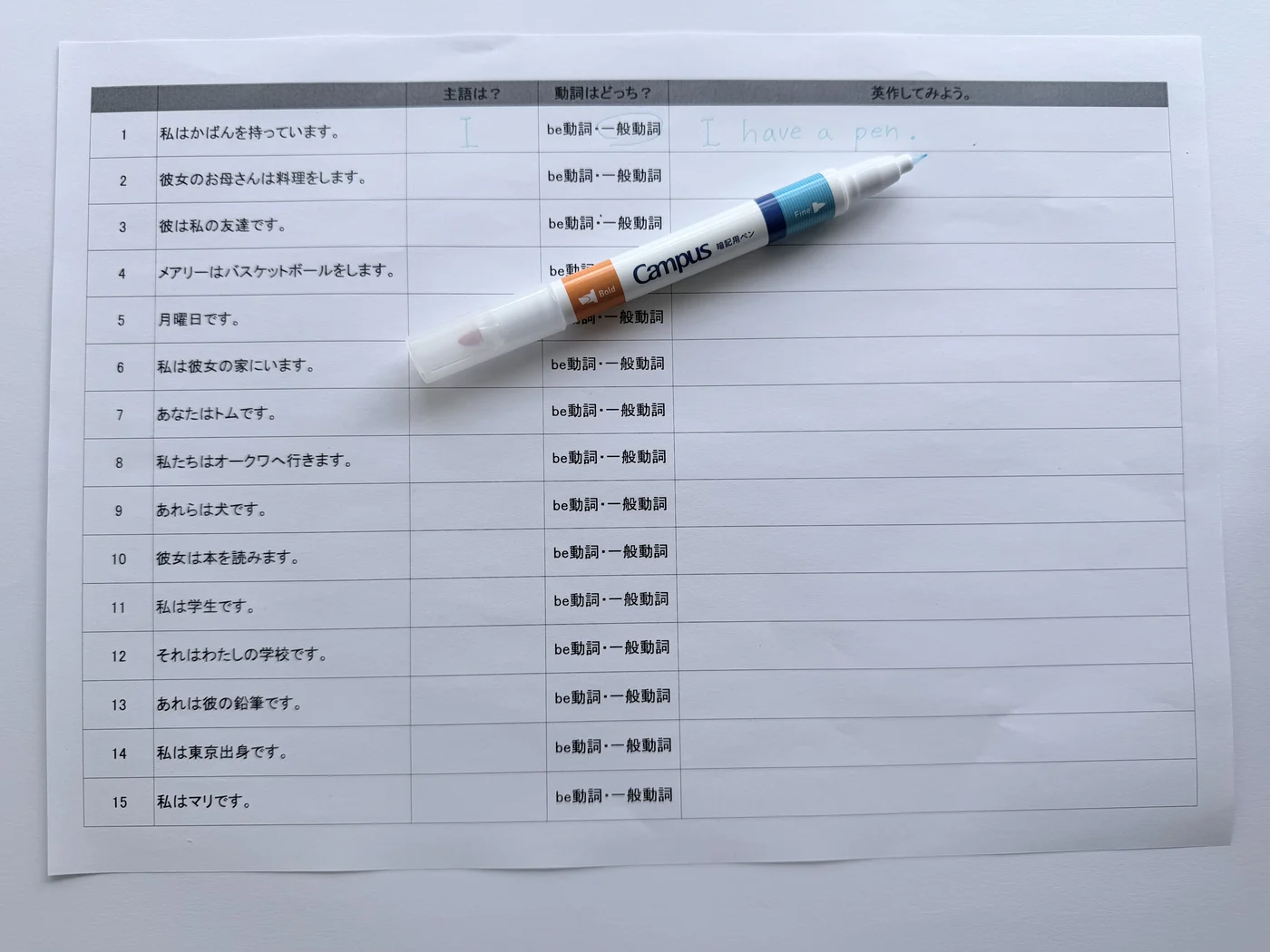 水色ペンで書いた状態です。ノートやプリントに答えを書いて、青色シートで隠して確認します。