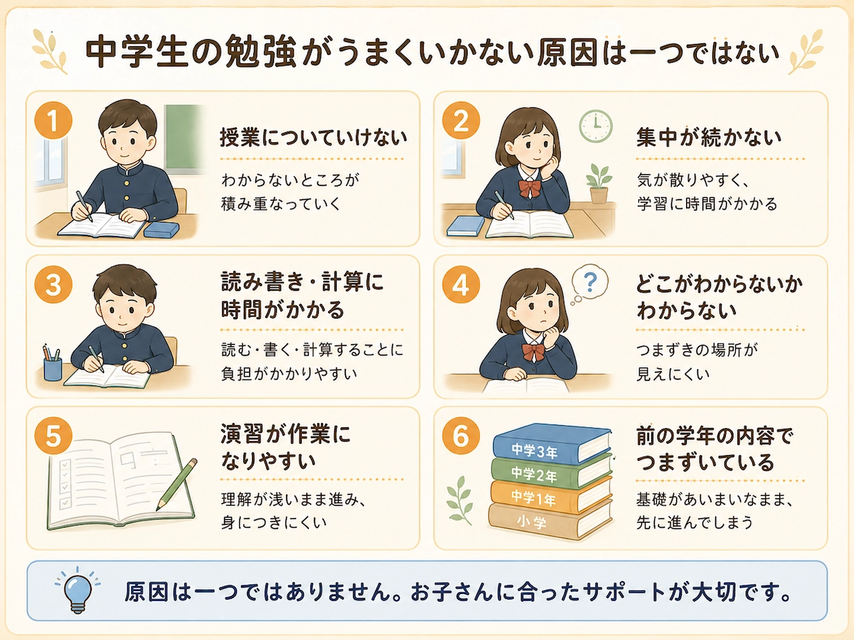中学生の勉強がうまくいかない原因を整理した図
