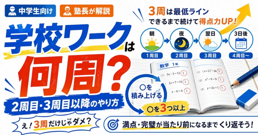 中学生の学校ワークは何周すればよいか、3周を最低ラインとして2周目・3周目以降のやり方を解説するアイキャッチ