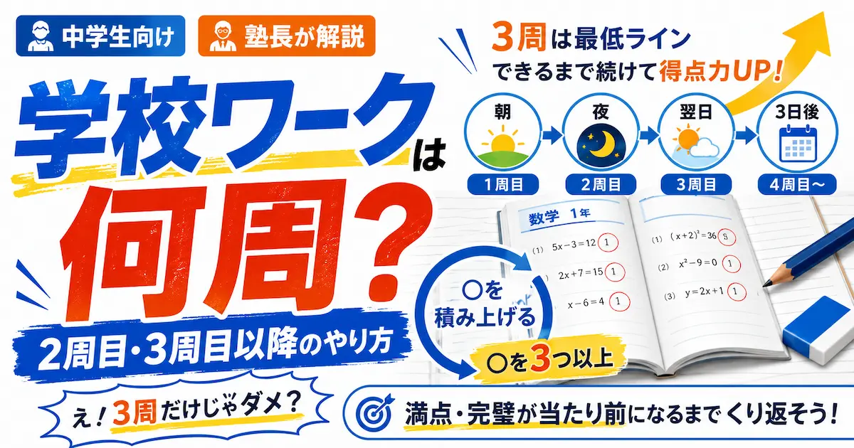 中学生の学校ワークは何周すればよいか、3周を最低ラインとして2周目・3周目以降のやり方を解説するアイキャッチ