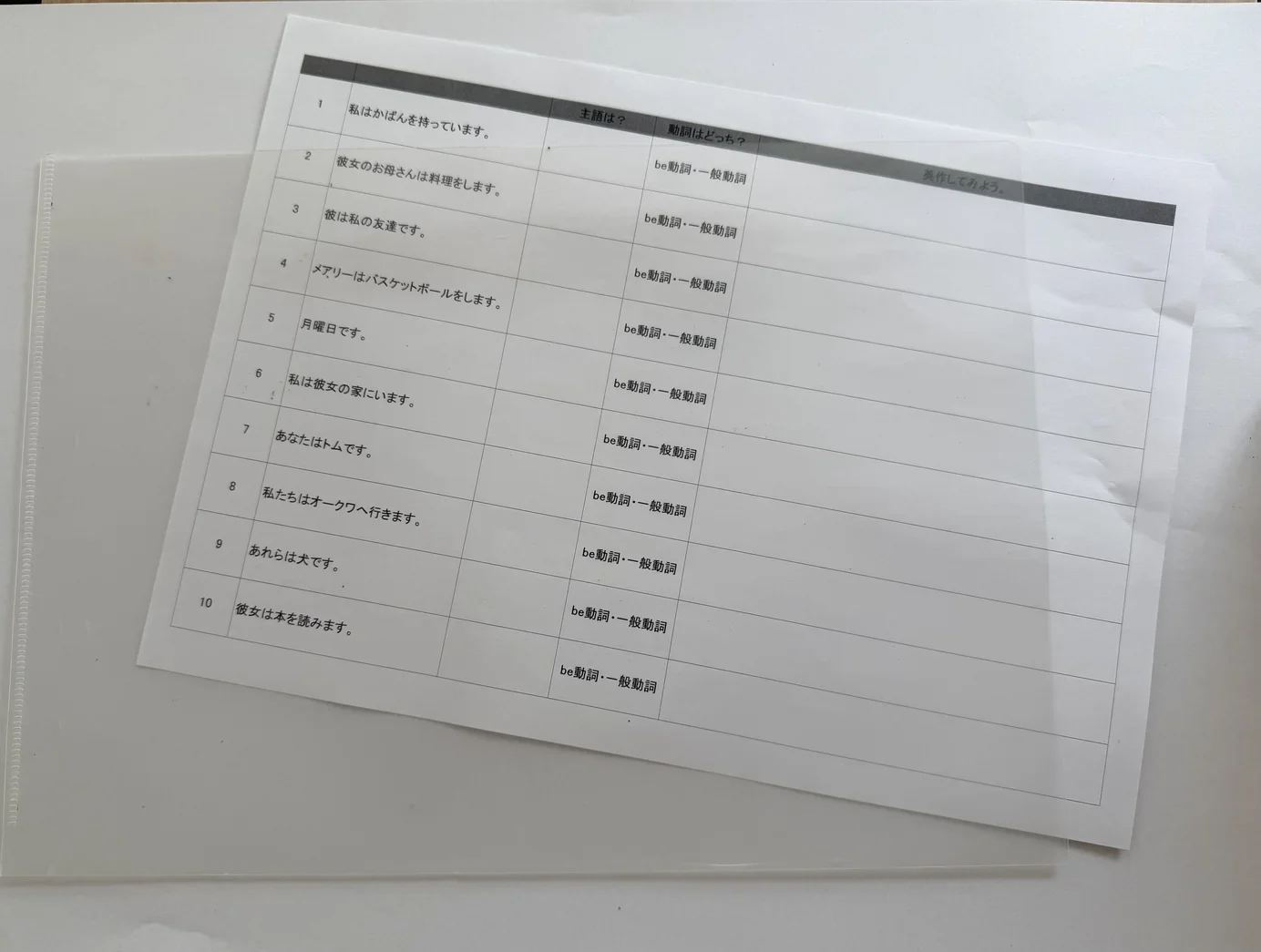 透明クリアファイルにプリントを入れた状態です。下の問題を見ながら、上から書き込めます。