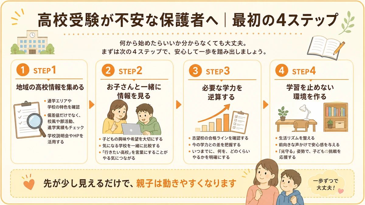 不登校の中学生の高校受験が不安な保護者に向けて、最初に整理したい4つのステップをまとめた図解