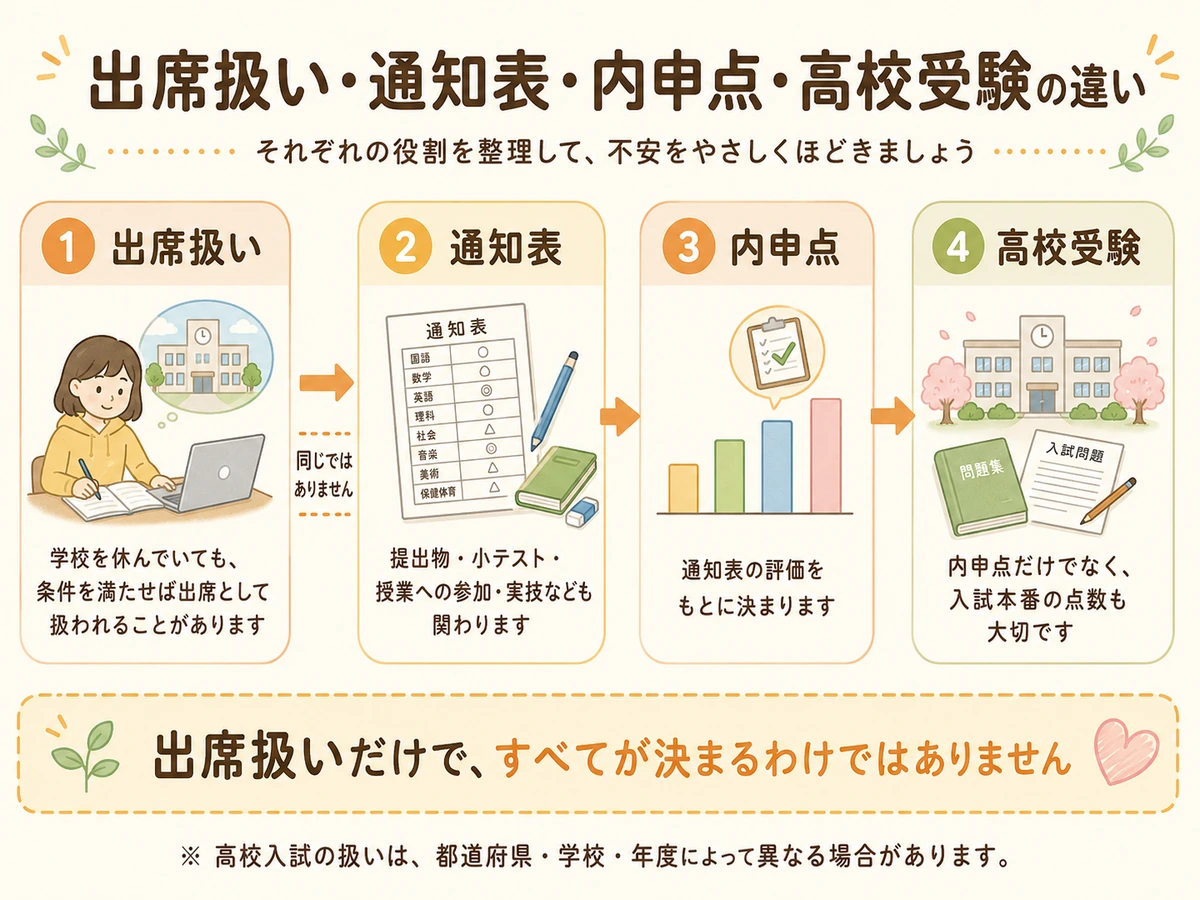 不登校の出席扱い、通知表、内申点、高校受験の違いを中学生の保護者向けに整理した図解