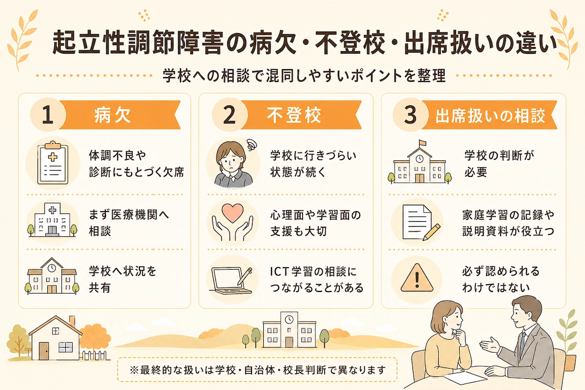 起立性調節障害の病欠、不登校、家庭学習の出席扱いの違いを保護者向けに説明する図解