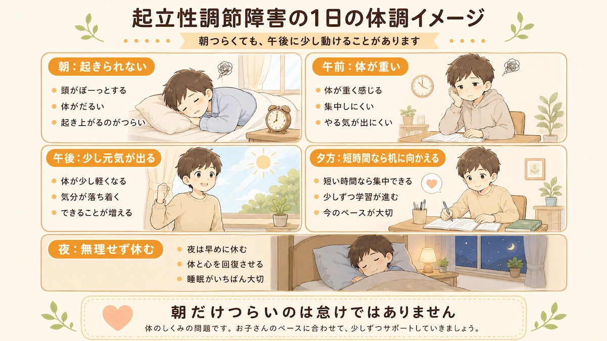起立性調節障害の中学生が朝起きられず、午後に少し動けることがある1日の体調の波を説明する図解