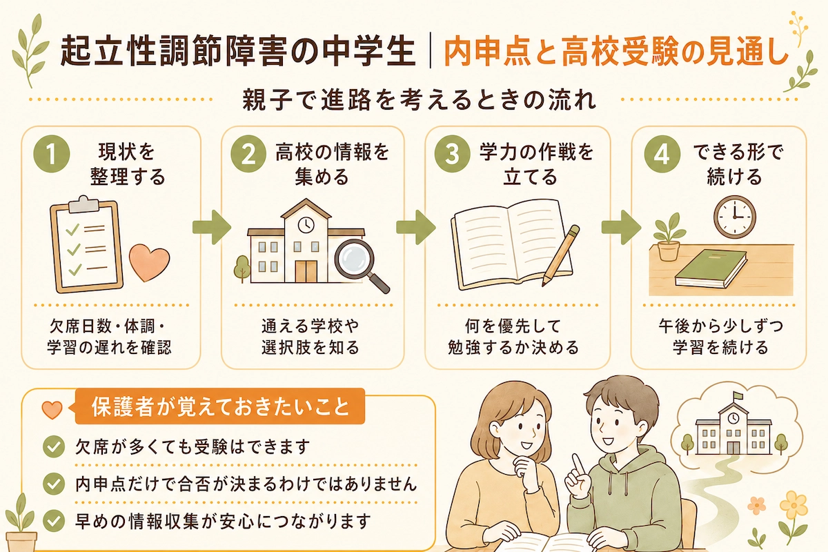 起立性調節障害の中学生が欠席日数や内申点を整理し、高校受験に向けて準備する流れを説明する図解