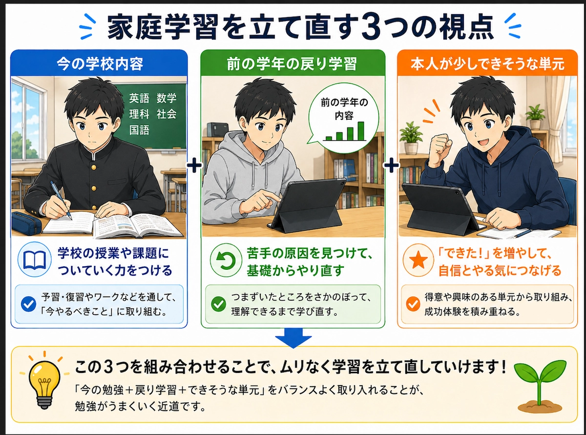 すららで戻り学習と今の学校内容を組み合わせる図
