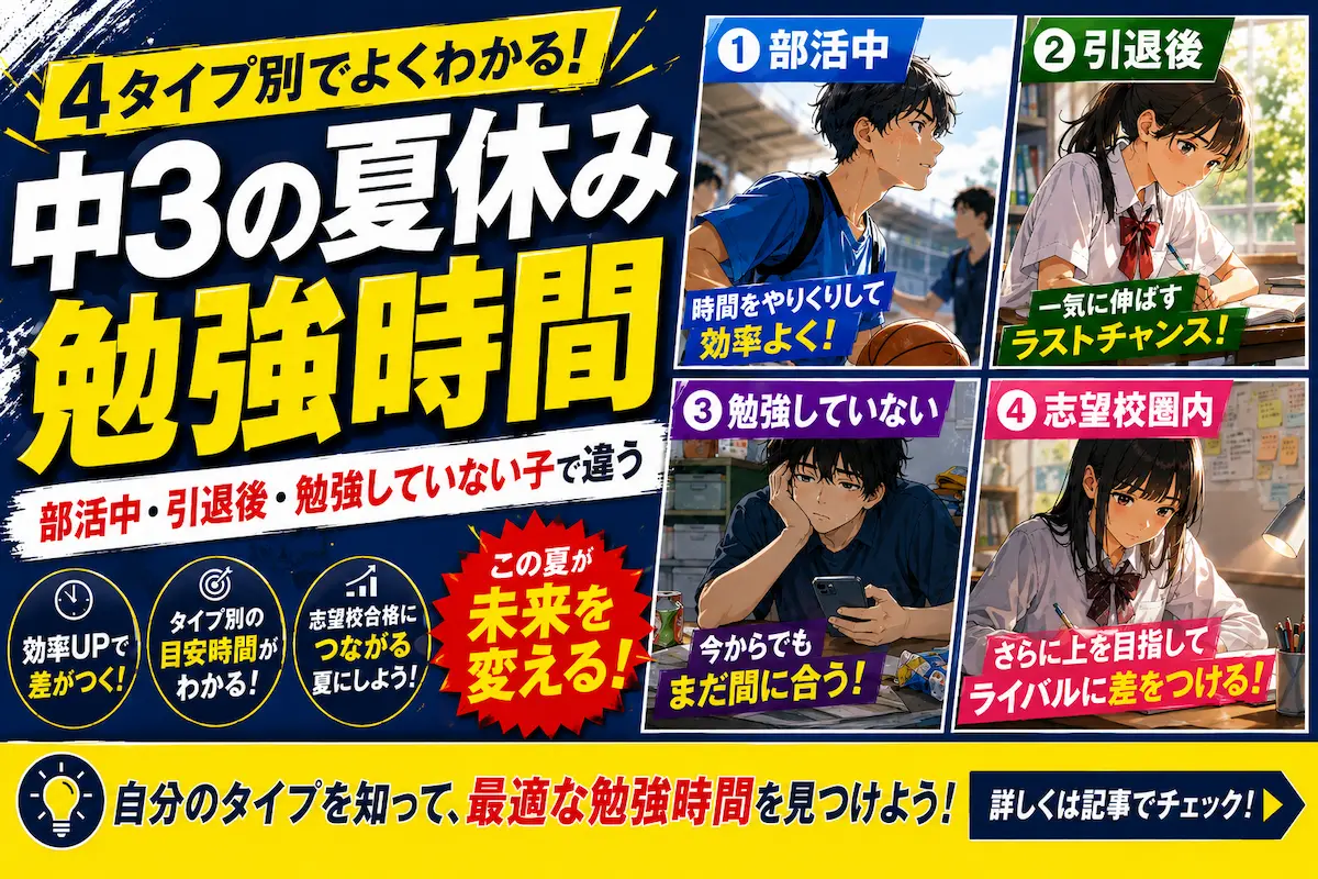 中3の夏休みの勉強時間を部活中・引退後・勉強していない子・志望校圏内の4タイプで分けたアイキャッチ画像