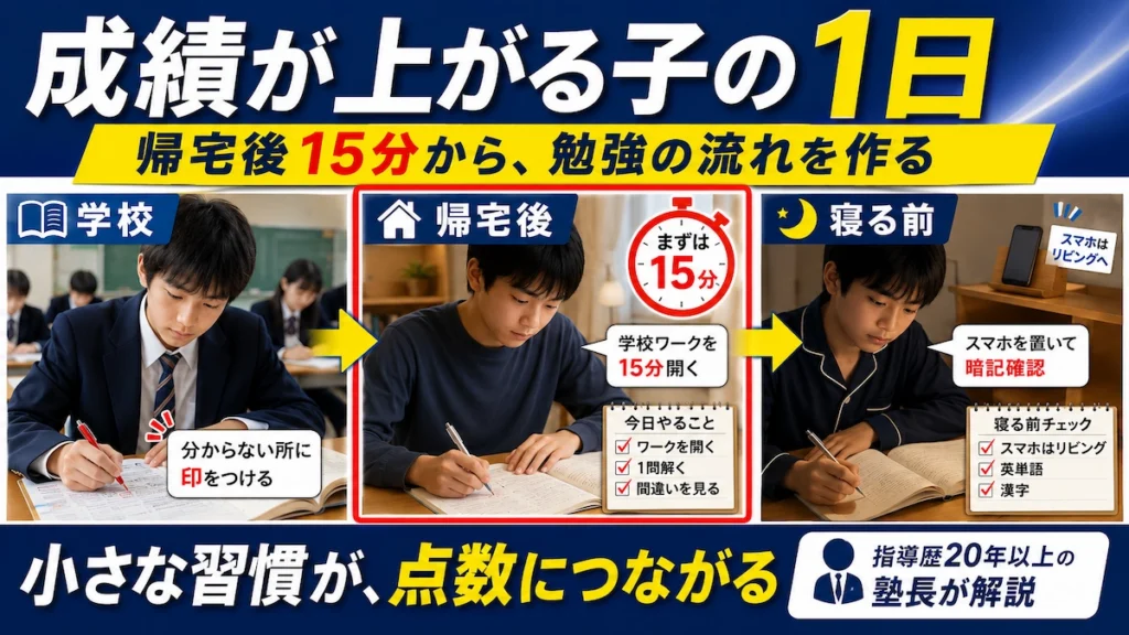 成績が上がる中学生の1日の過ごし方を、学校・帰宅後・寝る前の流れで解説するサムネイル