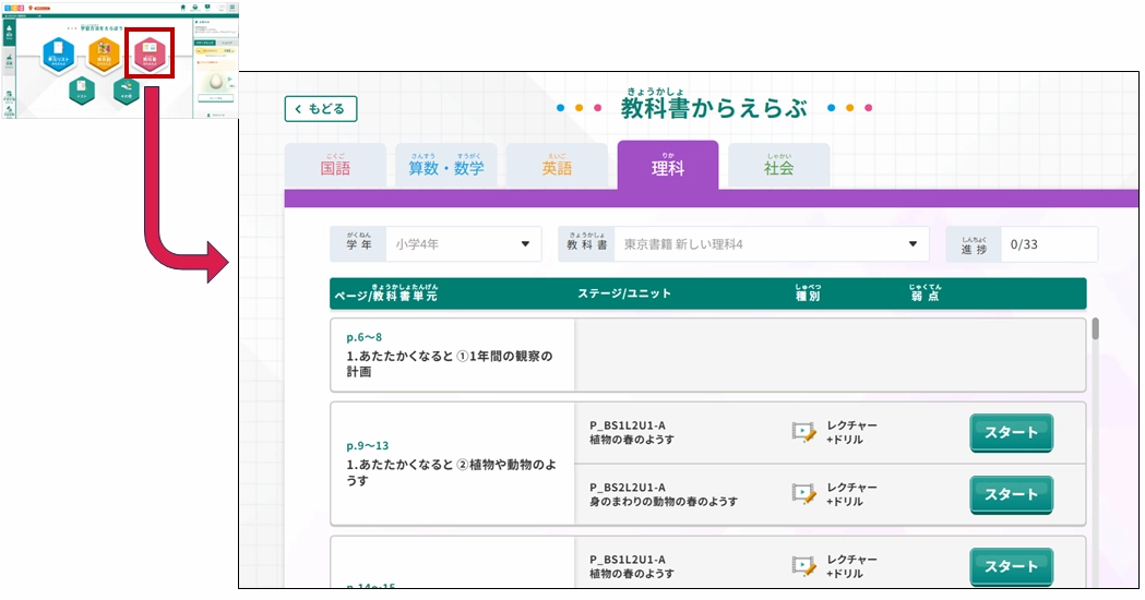 すららで教科書に合わせて単元を選ぶ画面