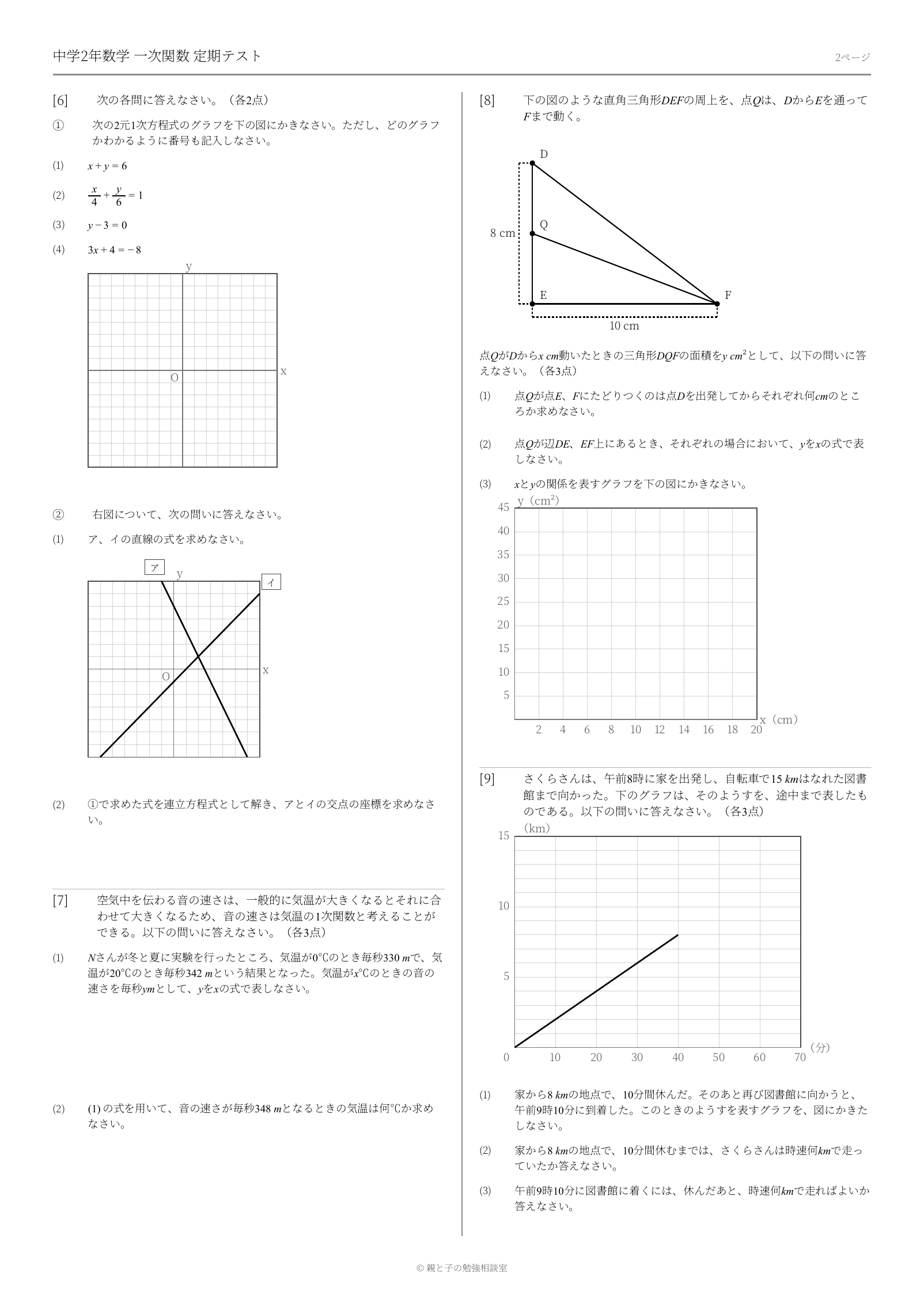 中2数学 一次関数定期テスト予想問題 第1回の問題プリント2ページ目見本