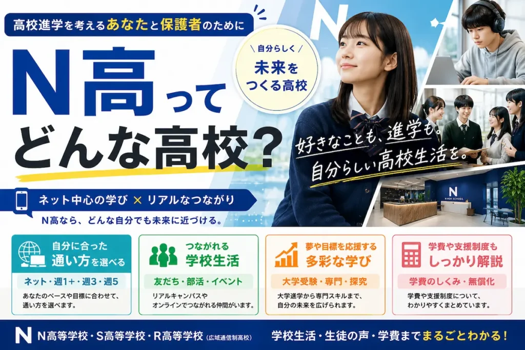 N高ってどんな高校かを紹介するアイキャッチ画像。ネット中心の学び、リアルなつながり、学校生活、生徒の声、学費や支援制度などが分かるデザイン
